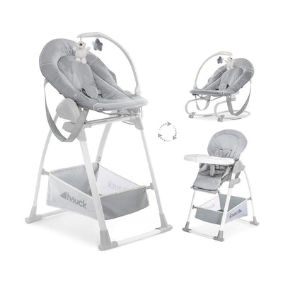 Hauck Sit N Relax 3 In 1 Highchair With Newborn Bouncer Toddler Seat Tray And Toy Bar Birth To 15 kg Stretch Grey