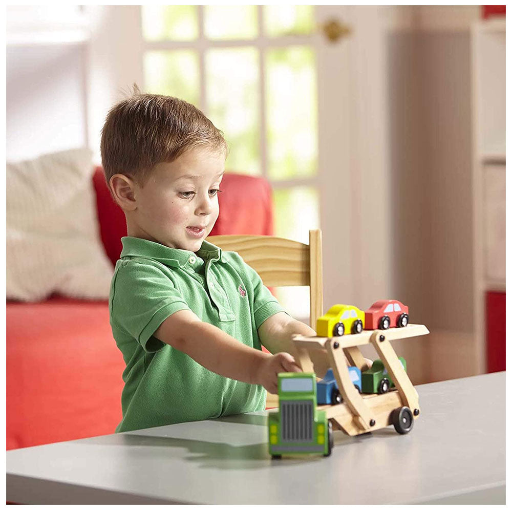 Melissa & Doug Car Transporter Truck & Cars Wooden Toy Set - Compatible With Wooden Train Tracks - Multicolour