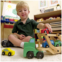 Melissa & Doug Car Transporter Truck & Cars Wooden Toy Set - Compatible With Wooden Train Tracks - Multicolour