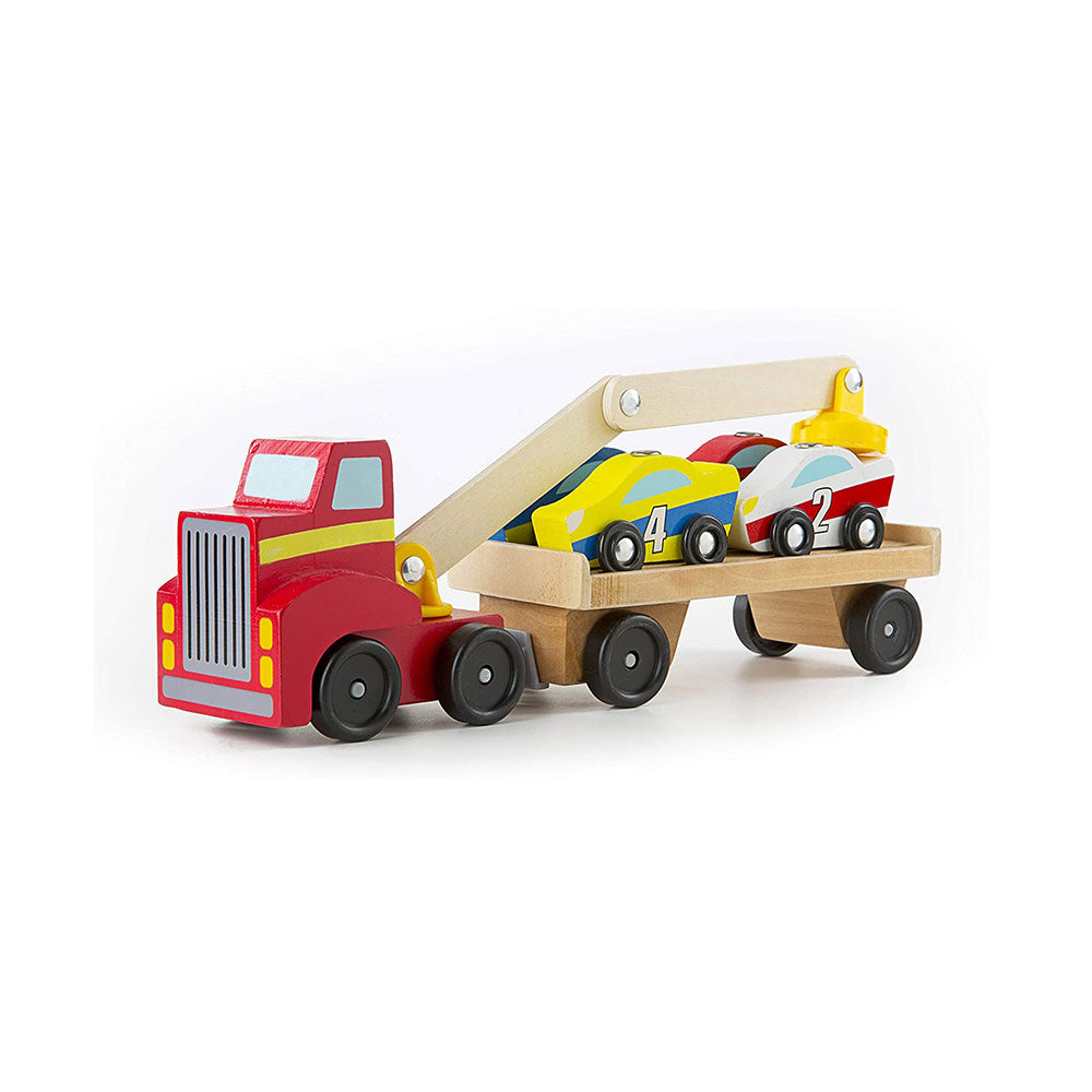 Melissa & Doug Magnetic Car Loader Wooden Toy Set Includes Red Truck With Magnetic Arm Car-Carrier Trailer & 4 Magnetic Wooden Cars - Multicolor Secondary image