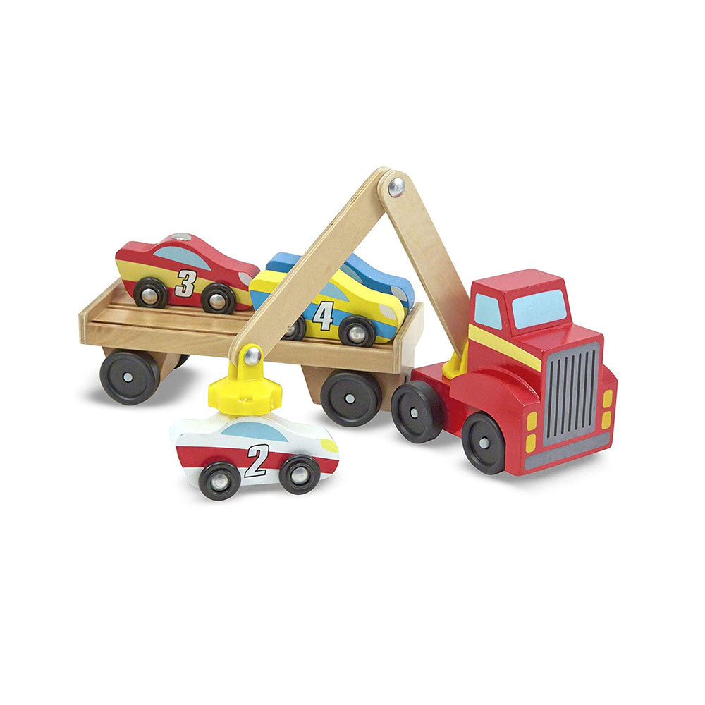 Melissa & Doug Magnetic Car Loader Wooden Toy Set Includes Red Truck With Magnetic Arm Car-Carrier Trailer & 4 Magnetic Wooden Cars - Multicolor