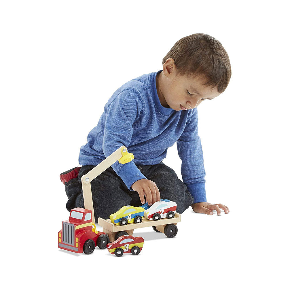 Melissa & Doug Magnetic Car Loader Wooden Toy Set Includes Red Truck With Magnetic Arm Car-Carrier Trailer & 4 Magnetic Wooden Cars - Multicolor
