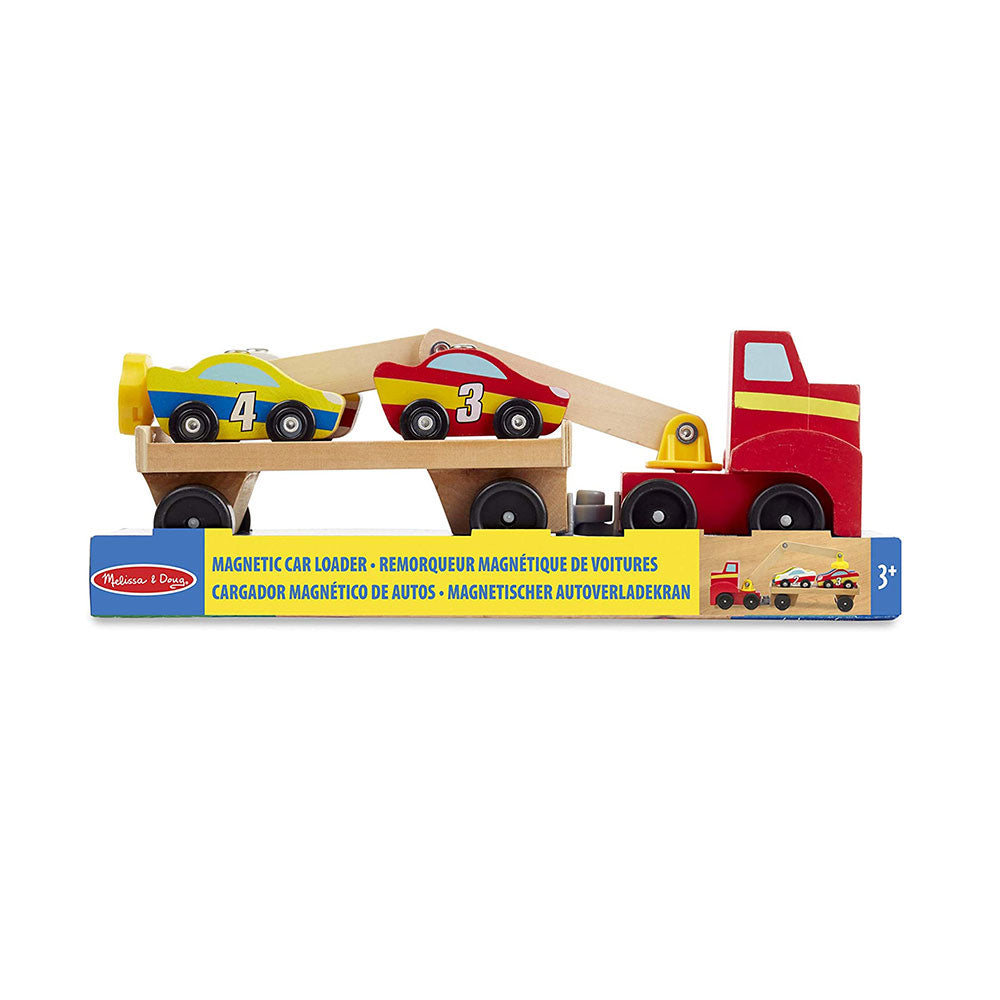 Melissa & Doug Magnetic Car Loader Wooden Toy Set Includes Red Truck With Magnetic Arm Car-Carrier Trailer & 4 Magnetic Wooden Cars - Multicolor