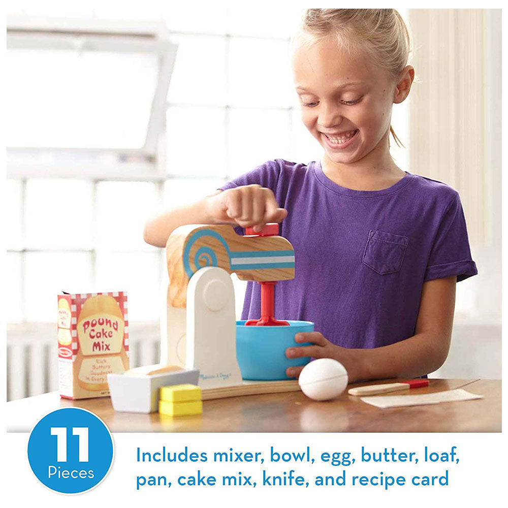 Melissa & Doug Wooden Make-a-Cake Mixer Set Encourages Creative Thinking - 11-Piece Wooden Hand-Crank Cake Baking Mixer Set - Multicolor