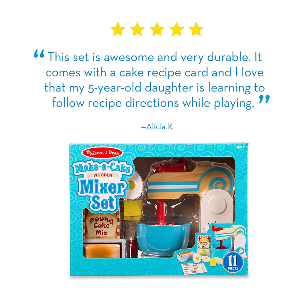 Melissa & Doug Wooden Make-a-Cake Mixer Set Encourages Creative Thinking - 11-Piece Wooden Hand-Crank Cake Baking Mixer Set - Multicolor