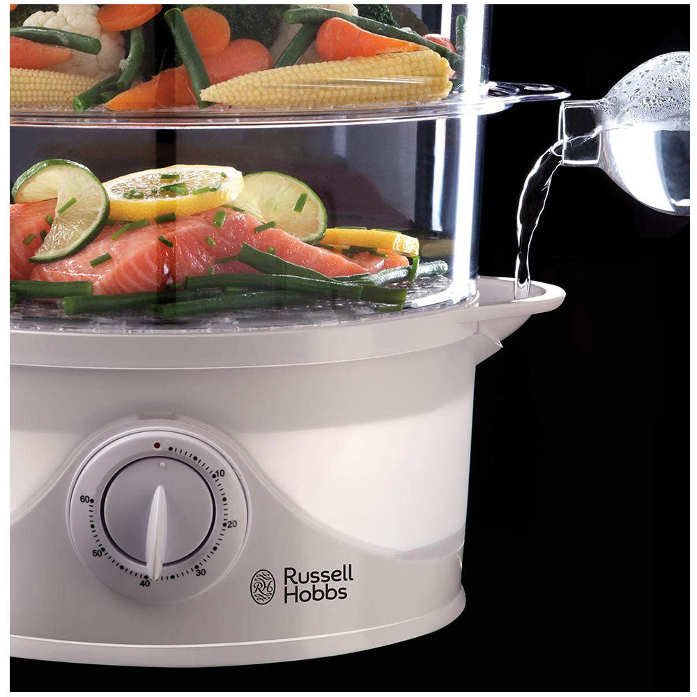Russell Hobbs 3 Tier Food Steamer 3 Steaming Baskets 60 Minute Timer 800 W 9 Litres - White