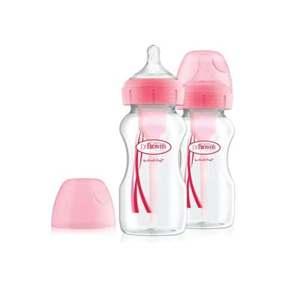 Dr Brown Options + Twin Pack Anti-Colic Wide Neck Baby Bottles 270ml - Pink