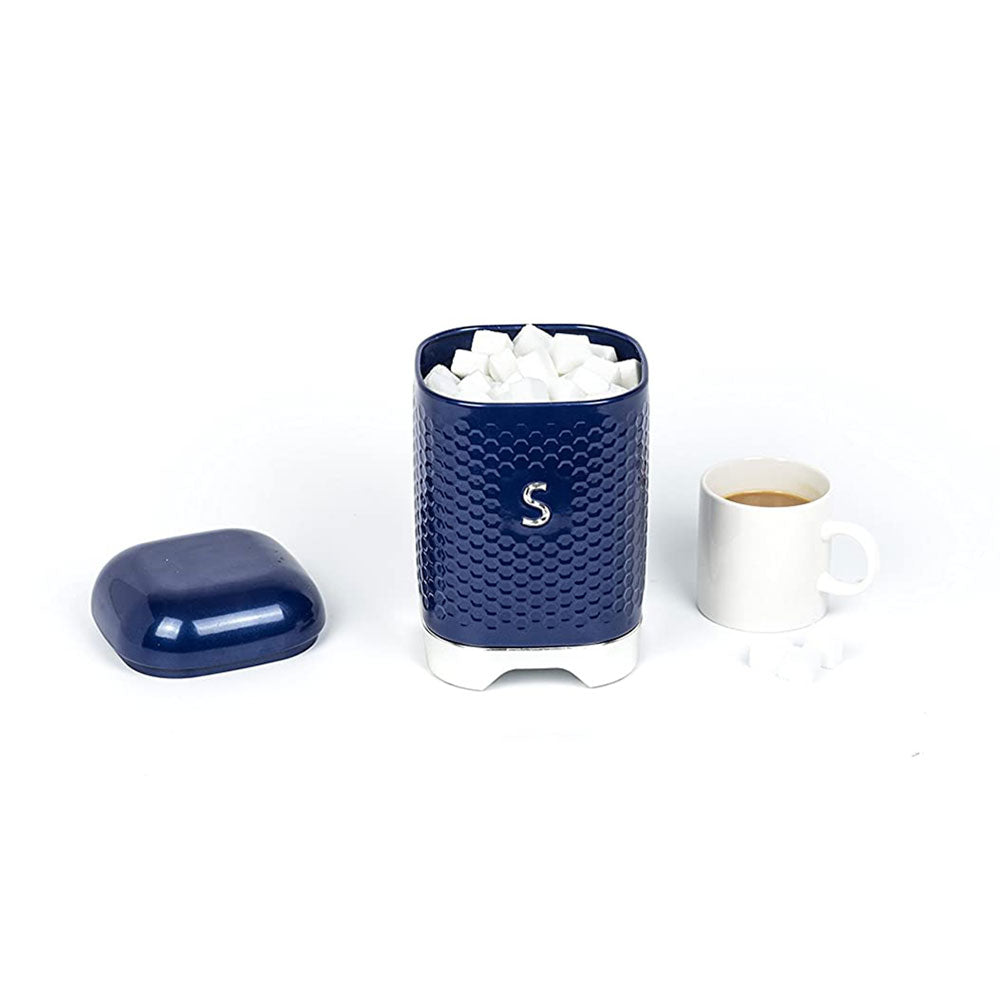 KitchenCraft Lovello Textured Sugar Canister Jar With Geometric Embossed Finish 11 x 11 x 19 cm (4.5" x 4.5" x 7.5") - Midnight Navy