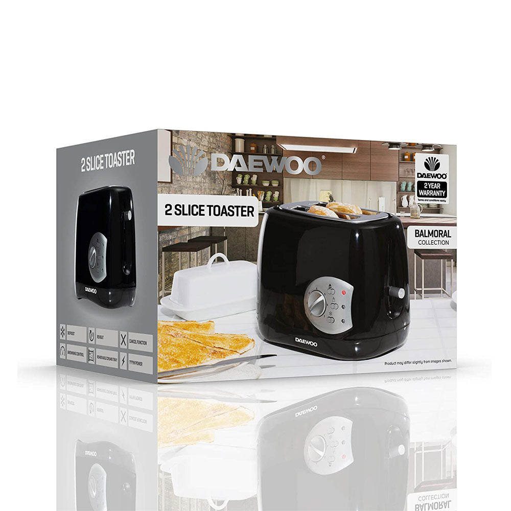 Daewoo Balmoral 2 Slice Toaster with Reheat And Defrost And Browning Control  Plastic 800 W - Black