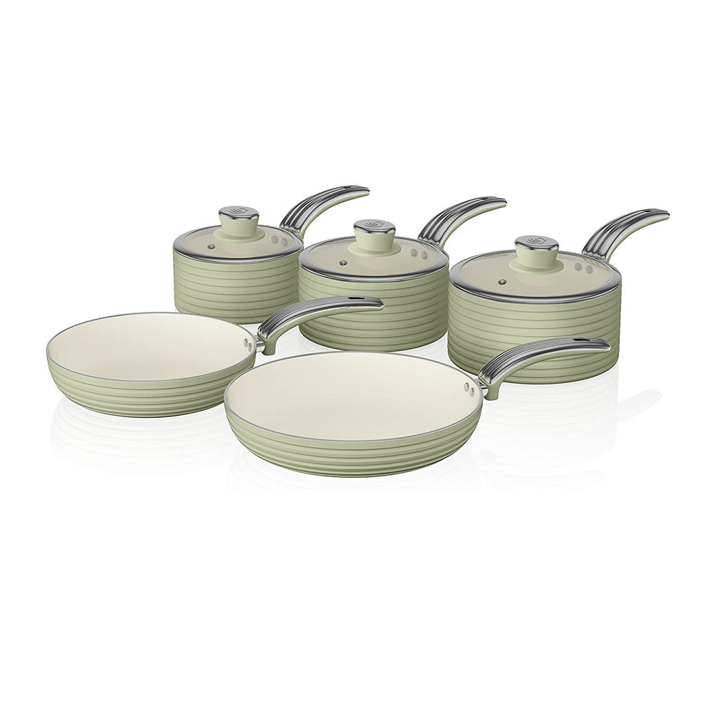 Swan Retro Non Stick Saucepans And Frying Pans 5 Piece Set With Glass Lid - Green Main image