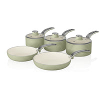 Swan Retro Non Stick Saucepans And Frying Pans 5 Piece Set With Glass Lid - Green