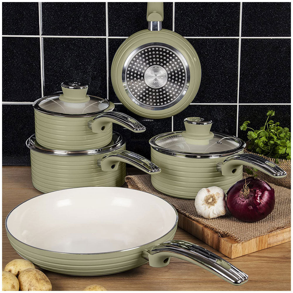 Swan Retro Non Stick Saucepans And Frying Pans 5 Piece Set With Glass Lid - Green