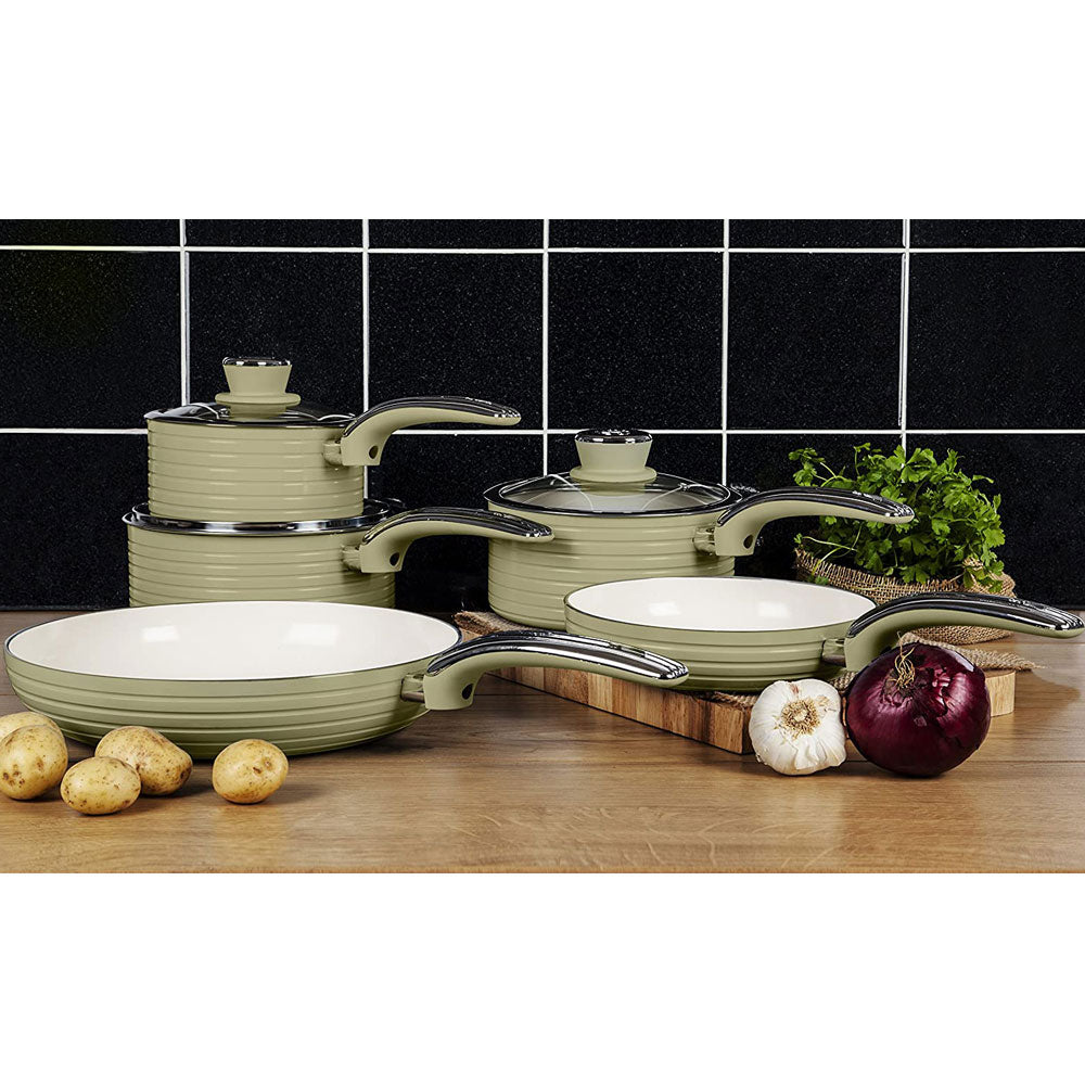 Swan Retro Non Stick Saucepans And Frying Pans 5 Piece Set With Glass Lid - Green