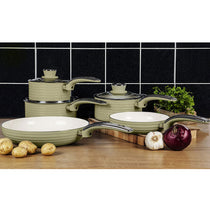 Swan Retro Non Stick Saucepans And Frying Pans 5 Piece Set With Glass Lid - Green