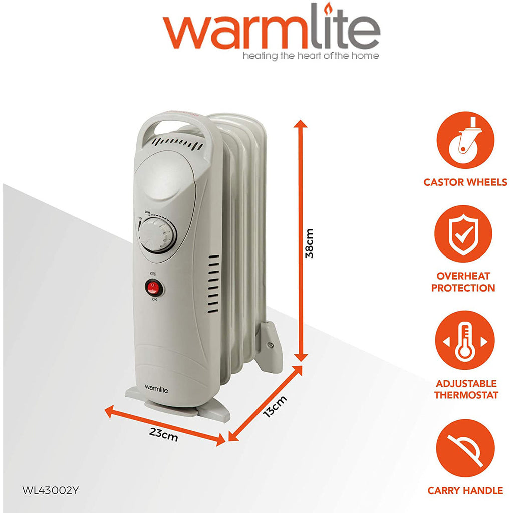 Warmlite 5 Fins Compact Oil Filled Radiator With Adjustable Thermostat 650 W - White