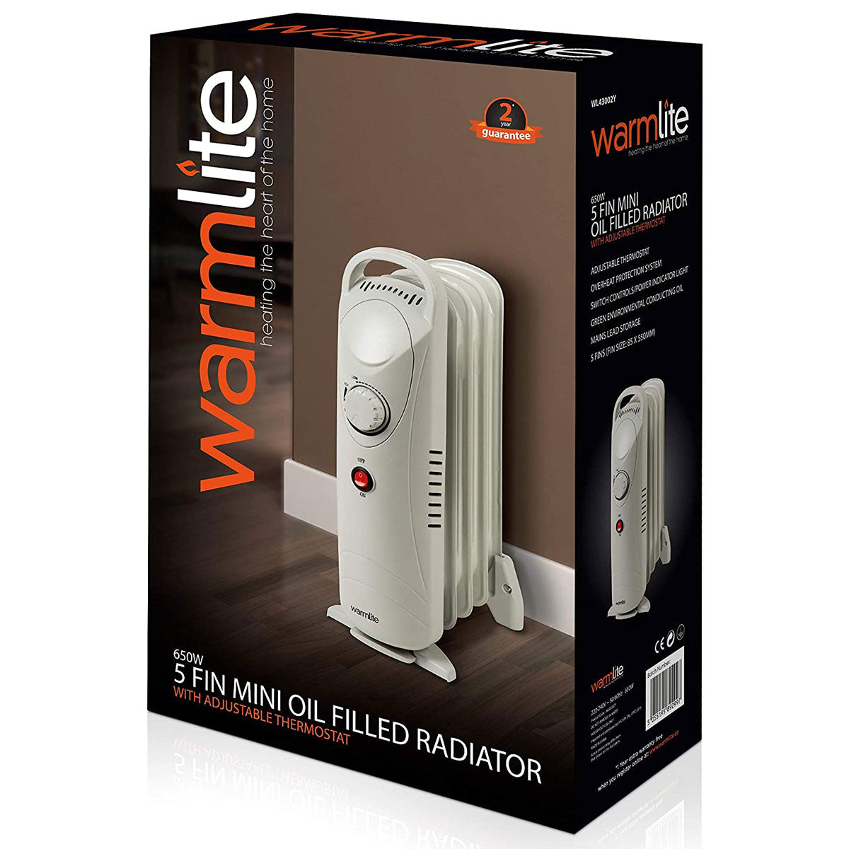 Warmlite 5 Fins Compact Oil Filled Radiator With Adjustable Thermostat 650 W - White