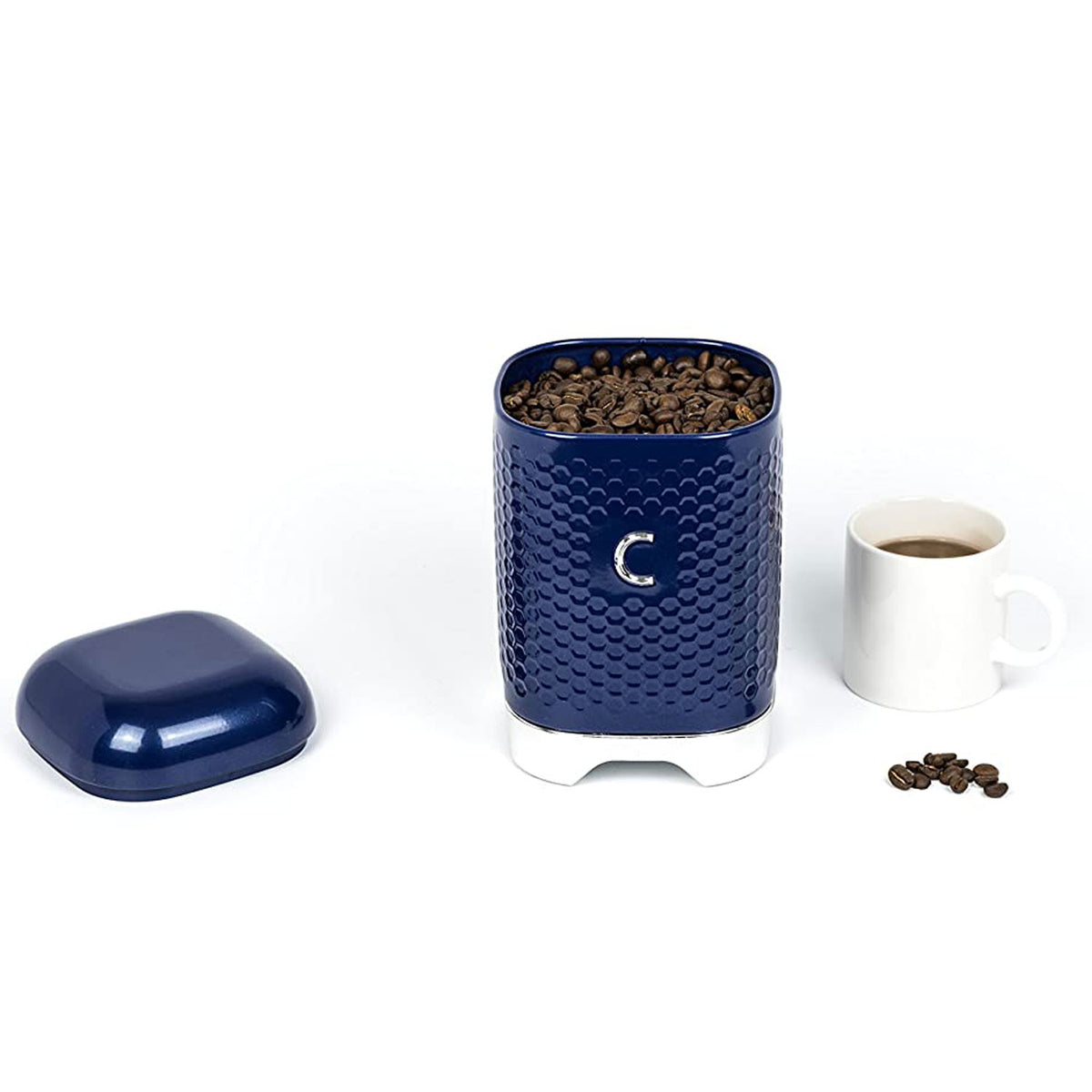 KitchenCraft Lovello Textured Coffee Canister Jar With Geometric Embossed Finish 11 x 11 x 19 cm (4.5" x 4.5" x 7.5") - Midnight Navy
