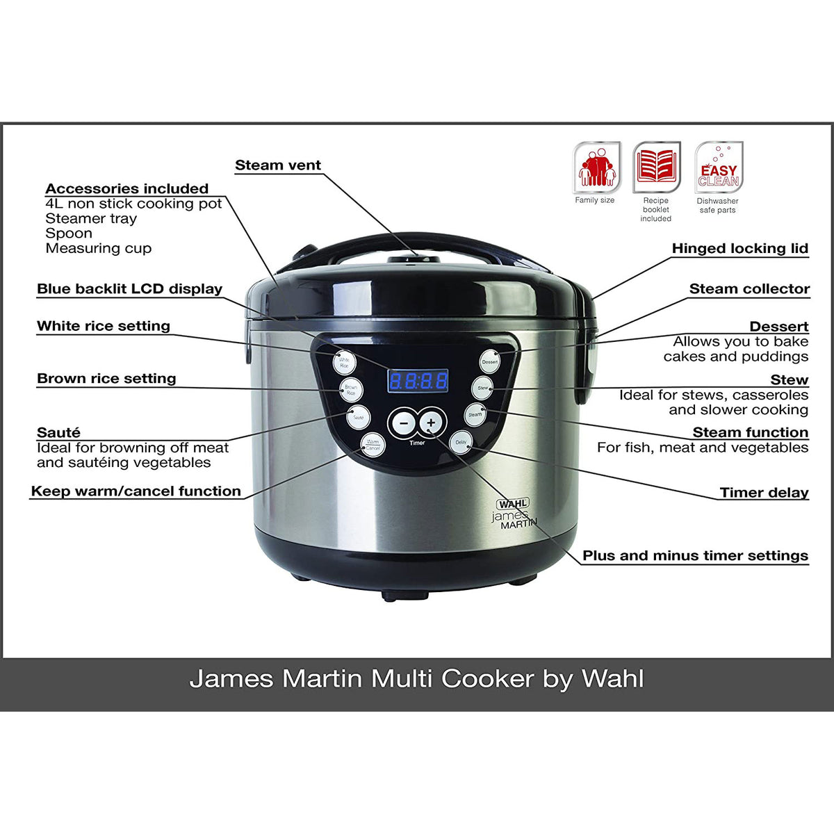 Wahl James Martin LED Digital Multi Cooker 4 Litre Family Size Stainless Steel - Silver