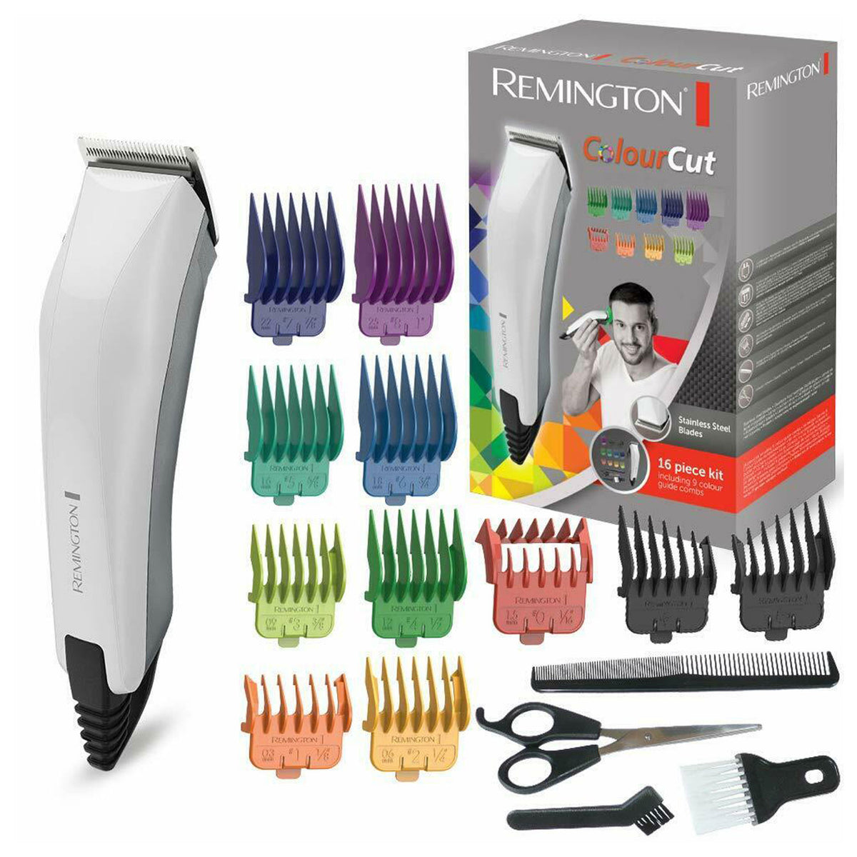 Remington Colour Cut Hair Clippers For Men Corded 16 Piece Grooming Kit