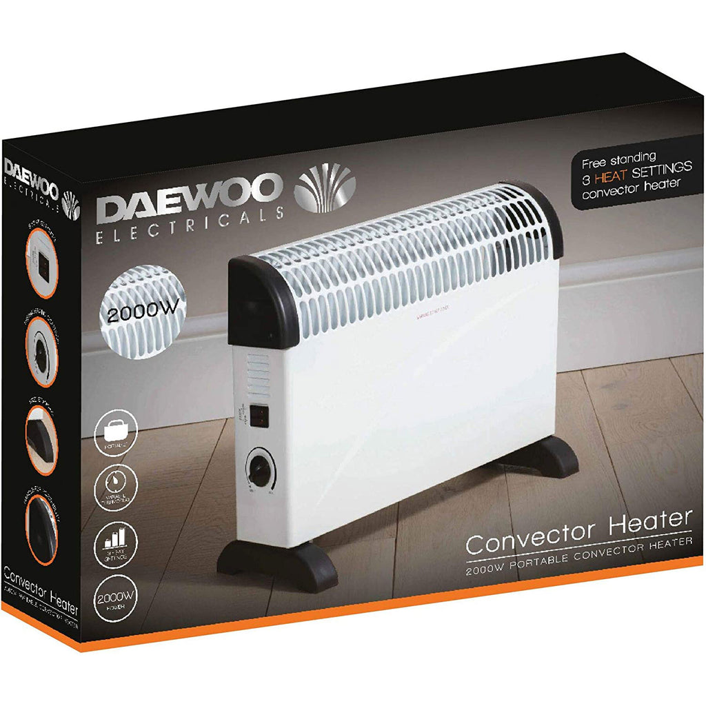 Daewoo Convector Heater 2000W – 3 Heat Settings With Thermostat & Safety Cut-Out White
