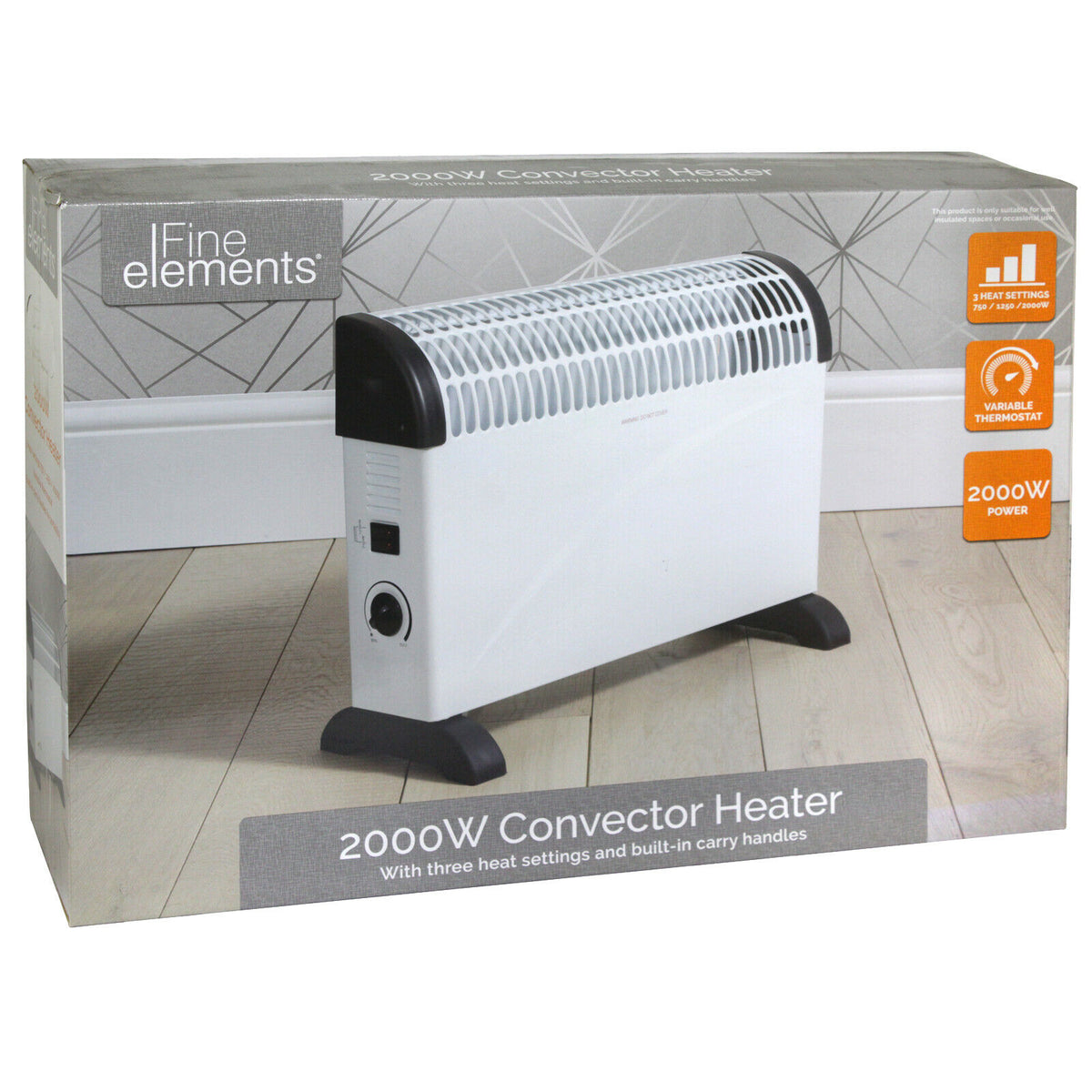 Fine Elements Convector Heater 2kw With Thermostatic Control And 3 Heat Settings - White