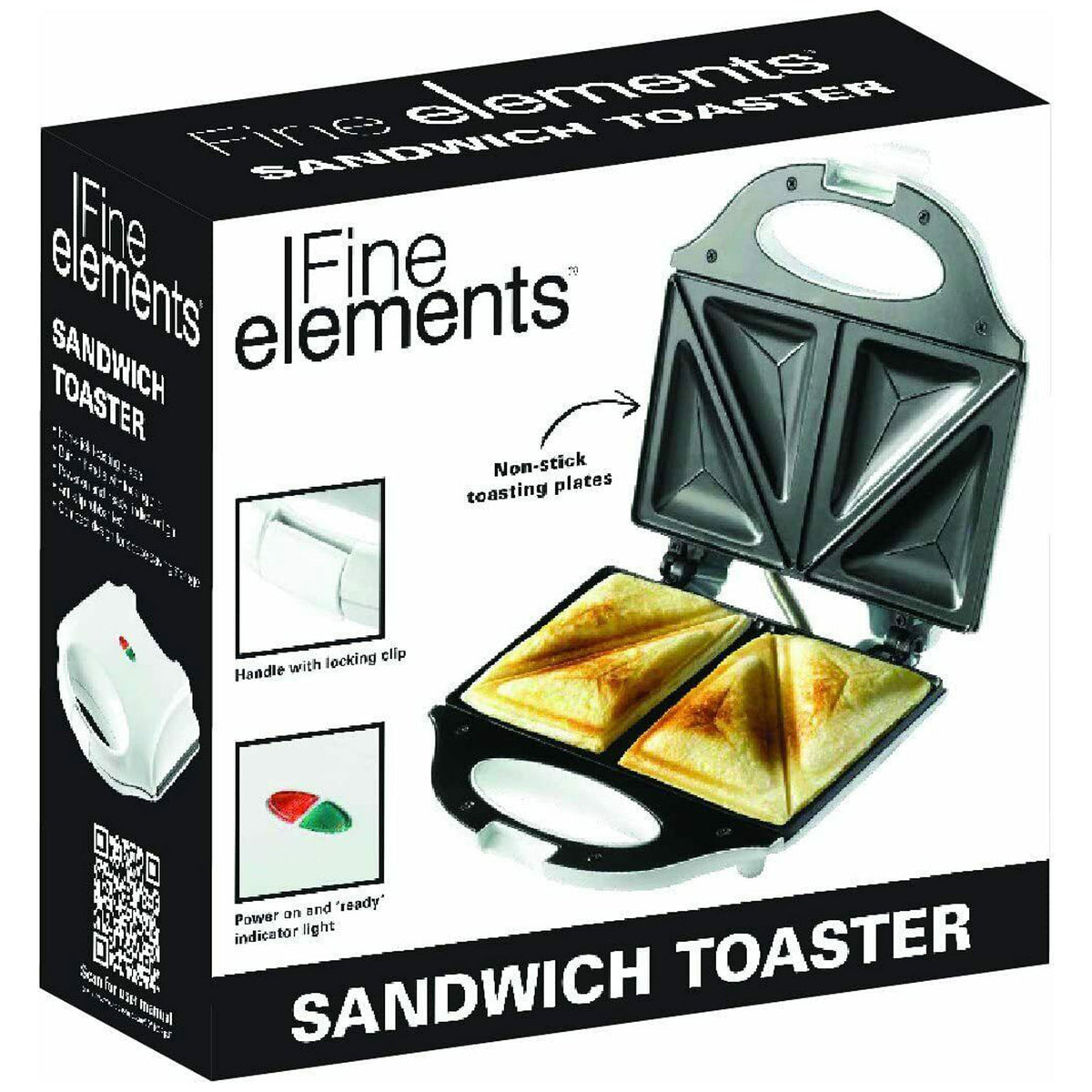 Fine Elements Deep Fill 2 Portion Sandwich Toaster with Easy Clean Non Stick Coating Plates - White