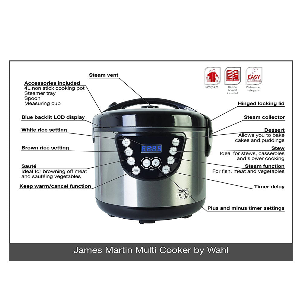 Wahl James Martin LED Digital Multi Cooker 4 Litre Family Size Stainless Steel - Silver