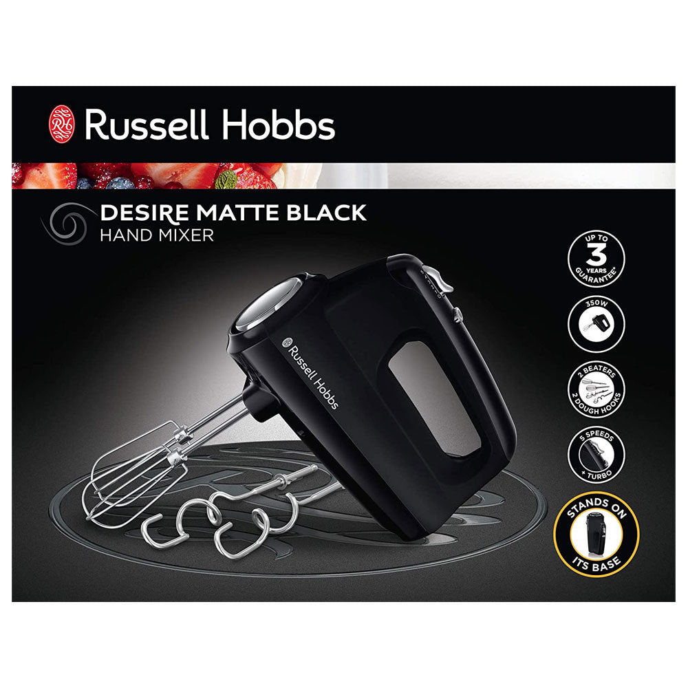 Russell Hobbs Desire Hand Mixer Electric Hand Whisk And Dough Mixer Attachments 350 W - Matte Black