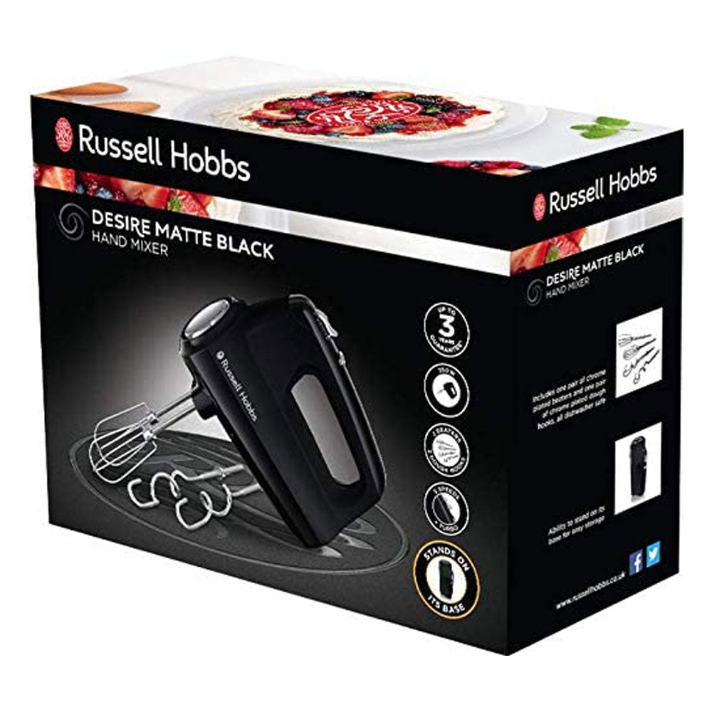 Russell Hobbs Desire Hand Mixer Electric Hand Whisk And Dough Mixer Attachments 350 W - Matte Black