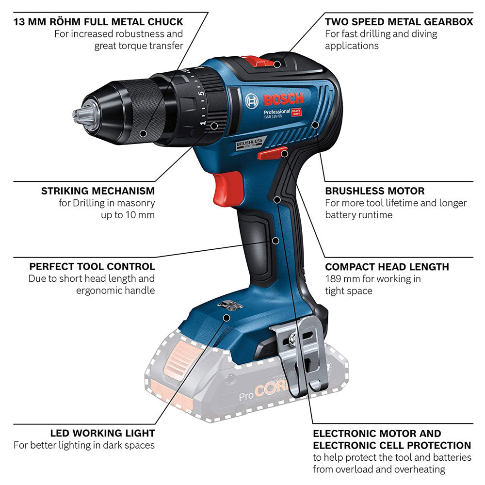 Bosch GSB 18V-55 Cordless 18V Brushless Combi Drill - Body Only