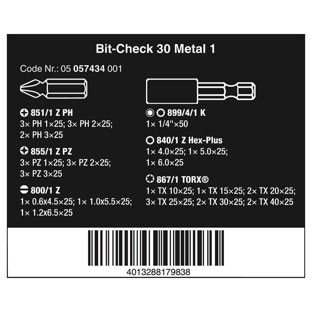 Wera Bit-Check Metal PZ PH TX SL Hex Bit 30pc Set