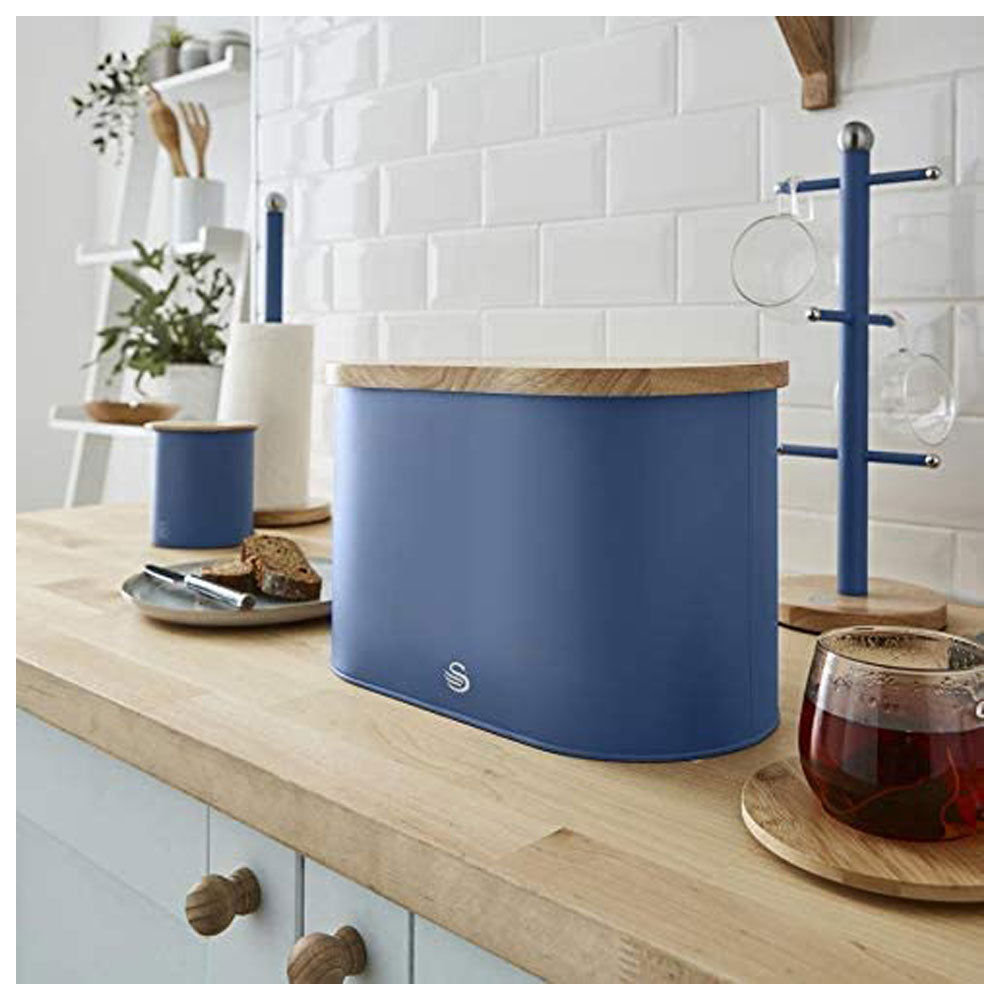 Swan Nordic Oval Bread Bin With Bamboo Cutting Board Lid Soft Touch Finish - Blue