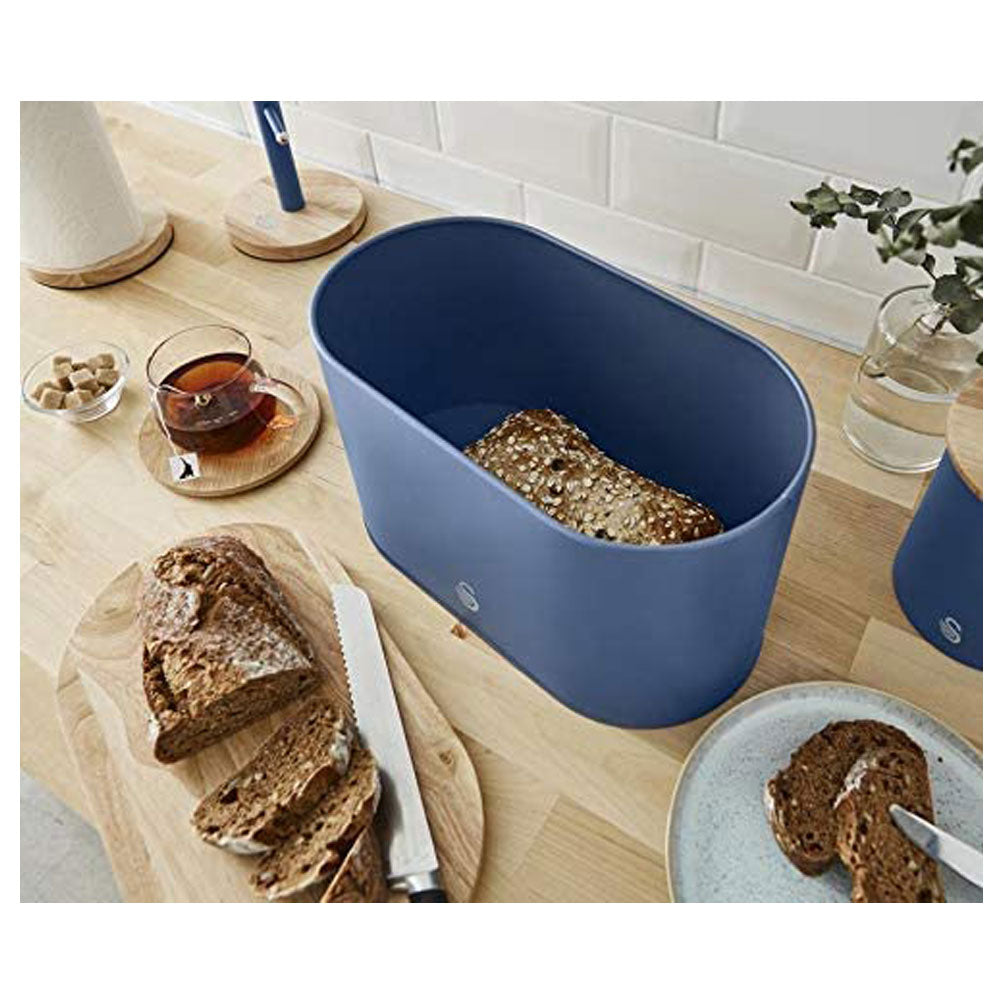 Swan Nordic Oval Bread Bin With Bamboo Cutting Board Lid Soft Touch Finish - Blue
