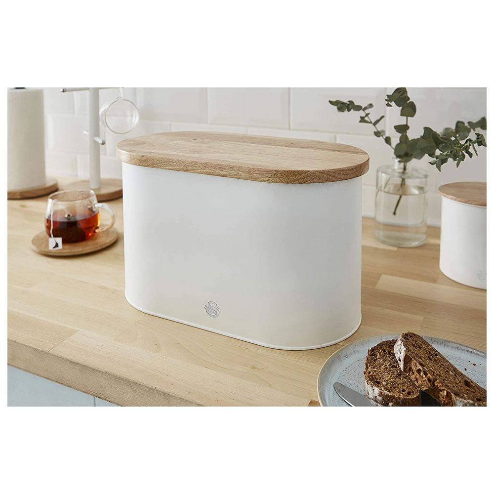 Swan Nordic Oval Bread Bin With Bamboo Cutting Board Lid Soft Touch Finish - Cotton White
