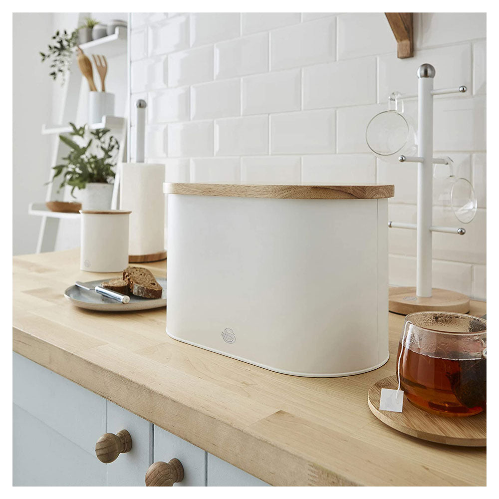 Swan Nordic Oval Bread Bin With Bamboo Cutting Board Lid Soft Touch Finish - Cotton White