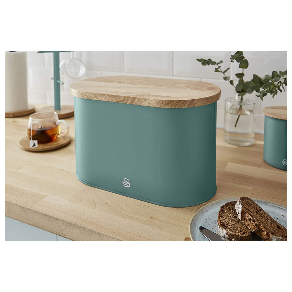 Swan Nordic Oval Bread Bin With Bamboo Cutting Board Lid Soft Touch Finish - Pine Green
