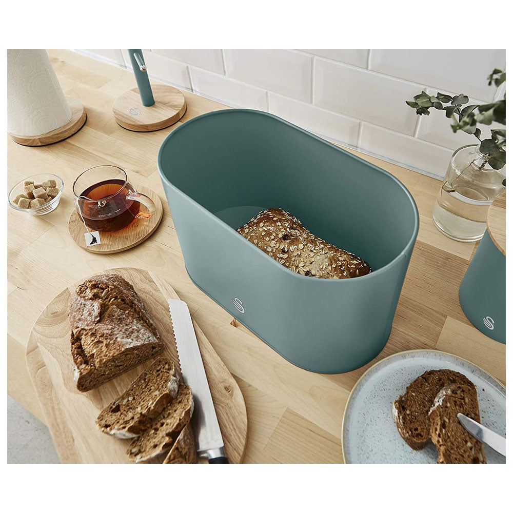 Swan Nordic Oval Bread Bin With Bamboo Cutting Board Lid Soft Touch Finish - Pine Green