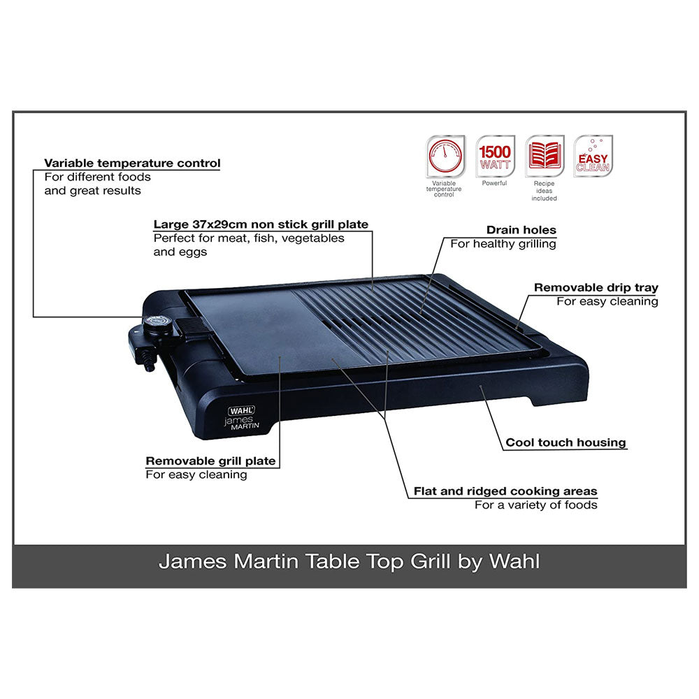 Wahl James Martin Non Stick Healthy Table Top Grill With Flat Hot Plate Stainless Steel - Black