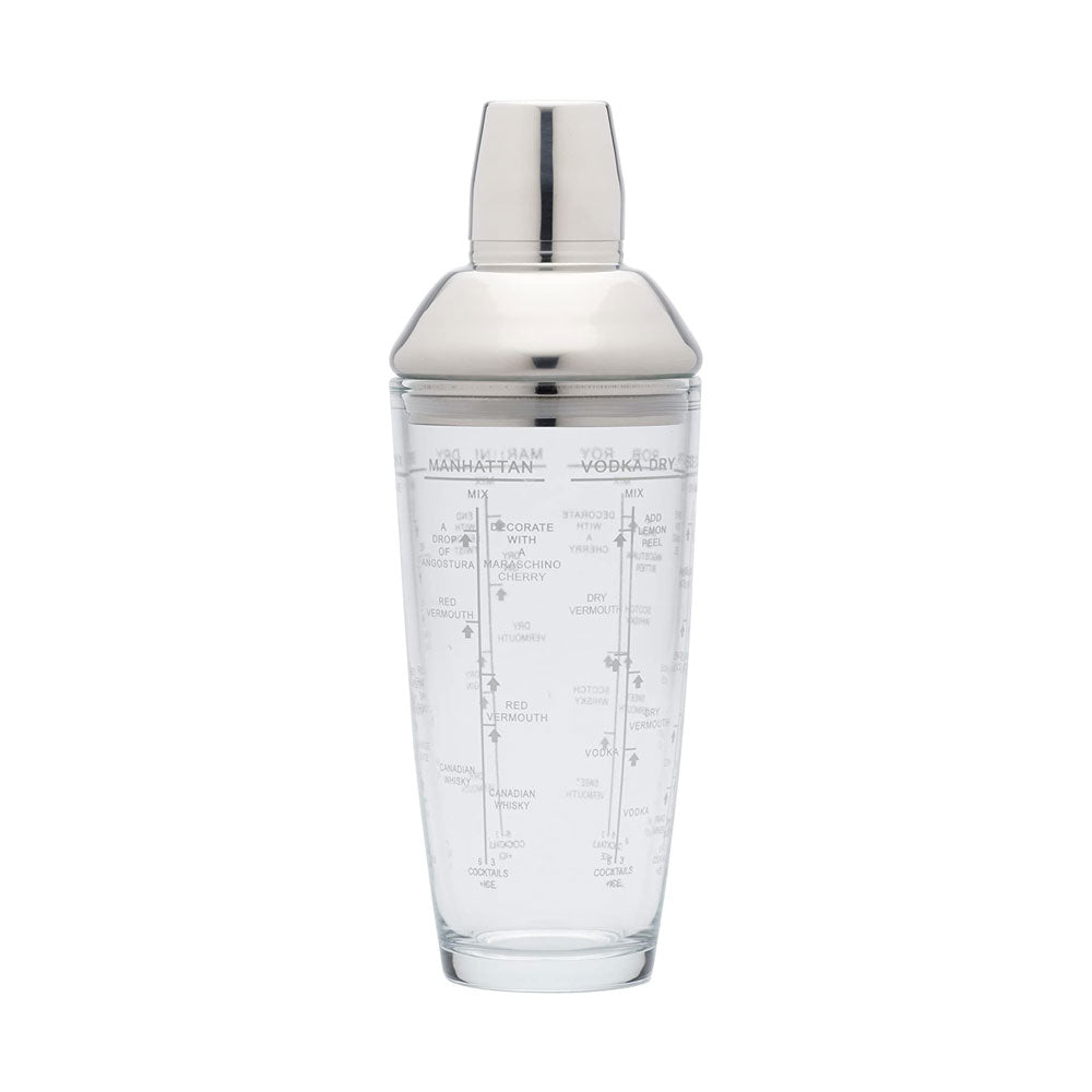 KitchenCraft BarCraft Glass Boston Cocktail Shaker with Printed Recipes 700ml - Transparent