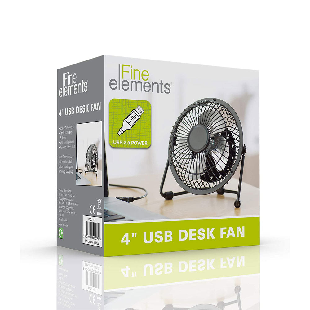 Fine Elements 4 Inch Mini Portable USB Desk Table Fan Aluminum - Black