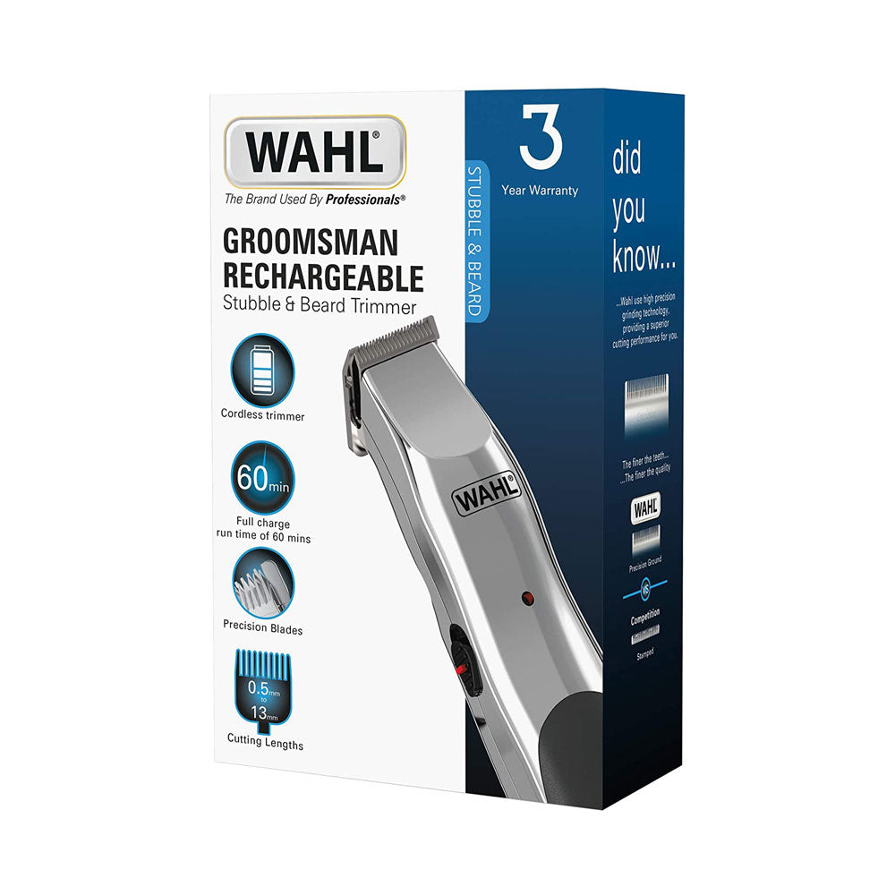 Wahl Groomsman Rechargeable Beard Trimmer with 6 Piece Haircutting Accessory Kit - Black And Silver