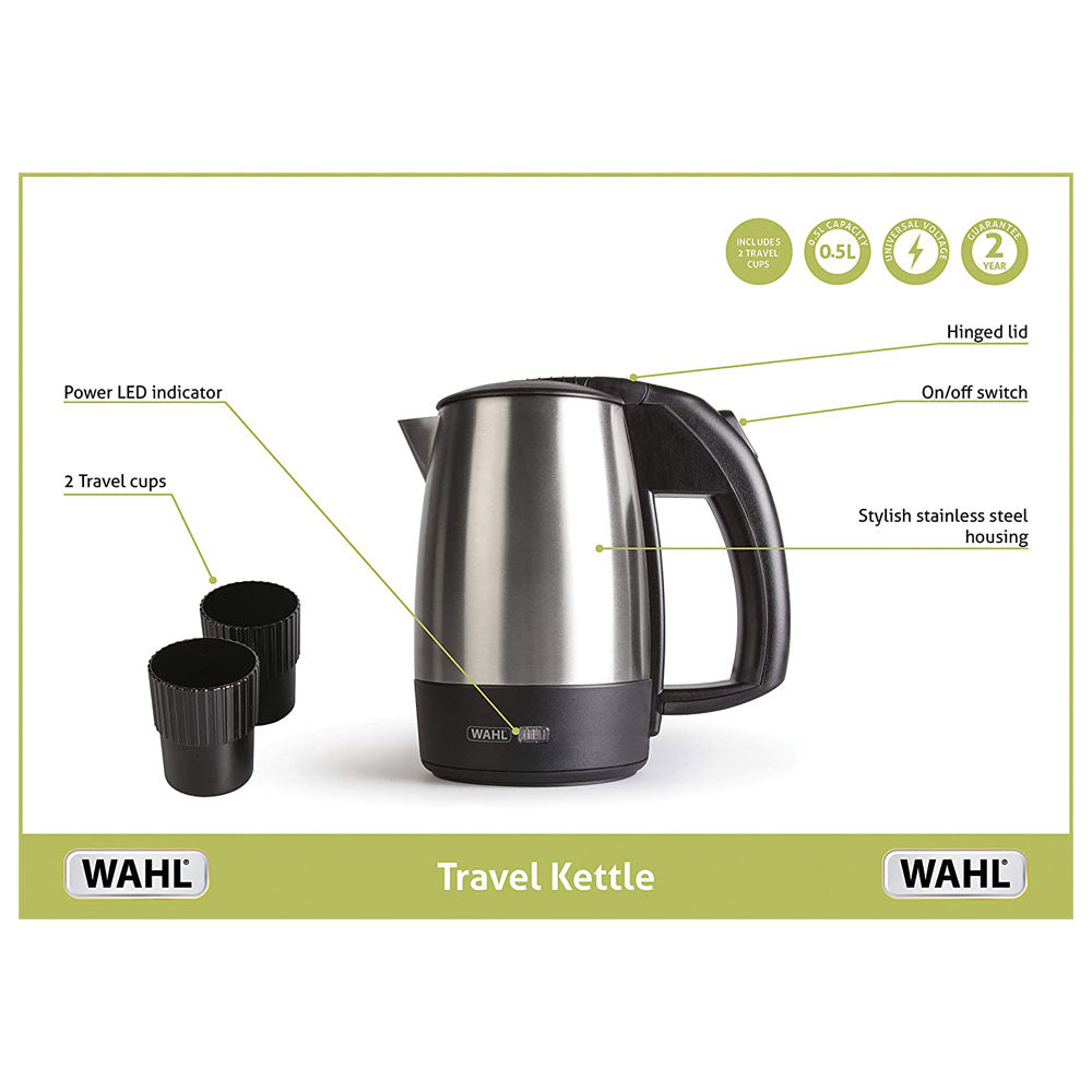 Wahl Small Travel Jug Kettle With 2 Cups 1000W 500ml - Stainless Steel/Black