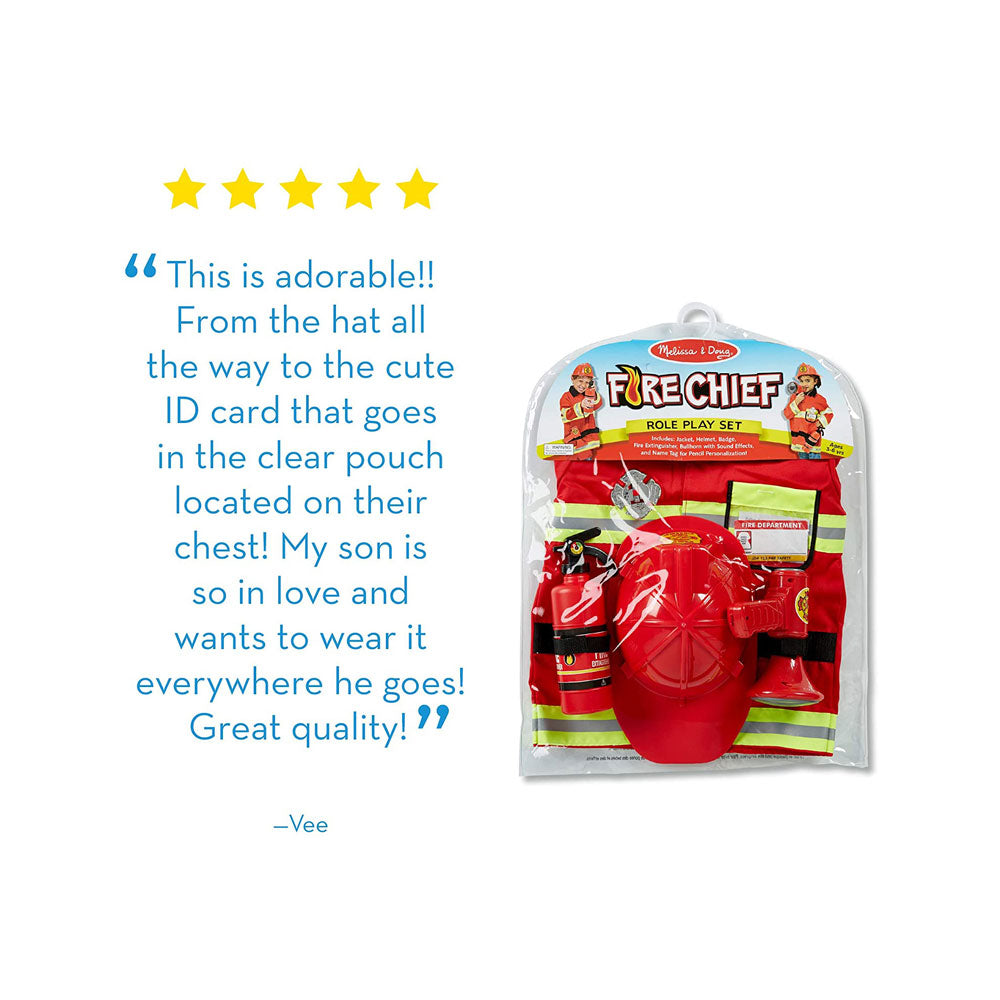 Melissa & Doug Fire Chief Fireman Costume Role Play Fancy Dress Set - 6 Pieces Bright Red That Help Children Play The Part - Multicolor