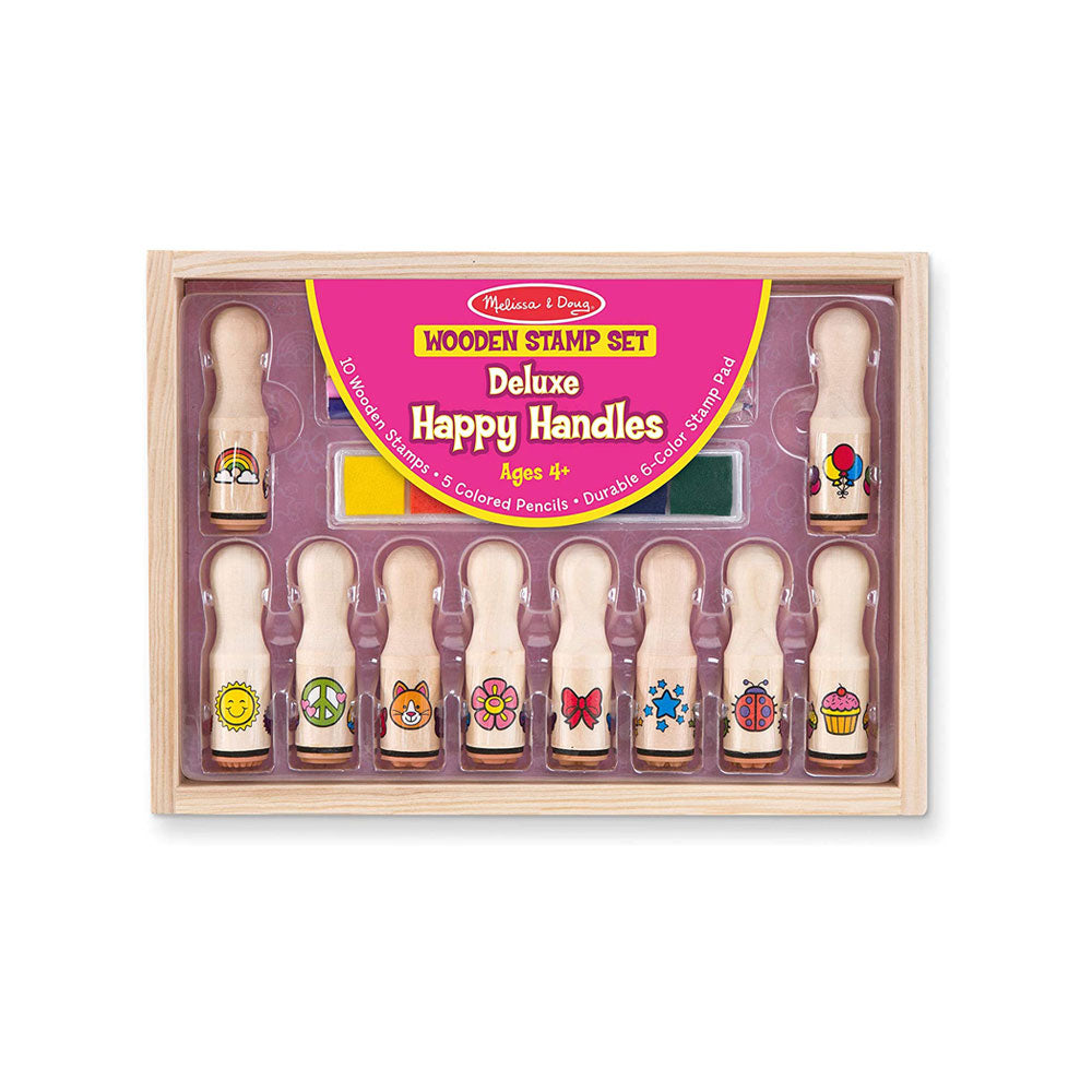Melissa & Doug Deluxe Happy Handle Wooden Stamp Set With 10 Stamps 5 Colored Pencils & 6 Color Washable Ink Pad - Multicolor Main image
