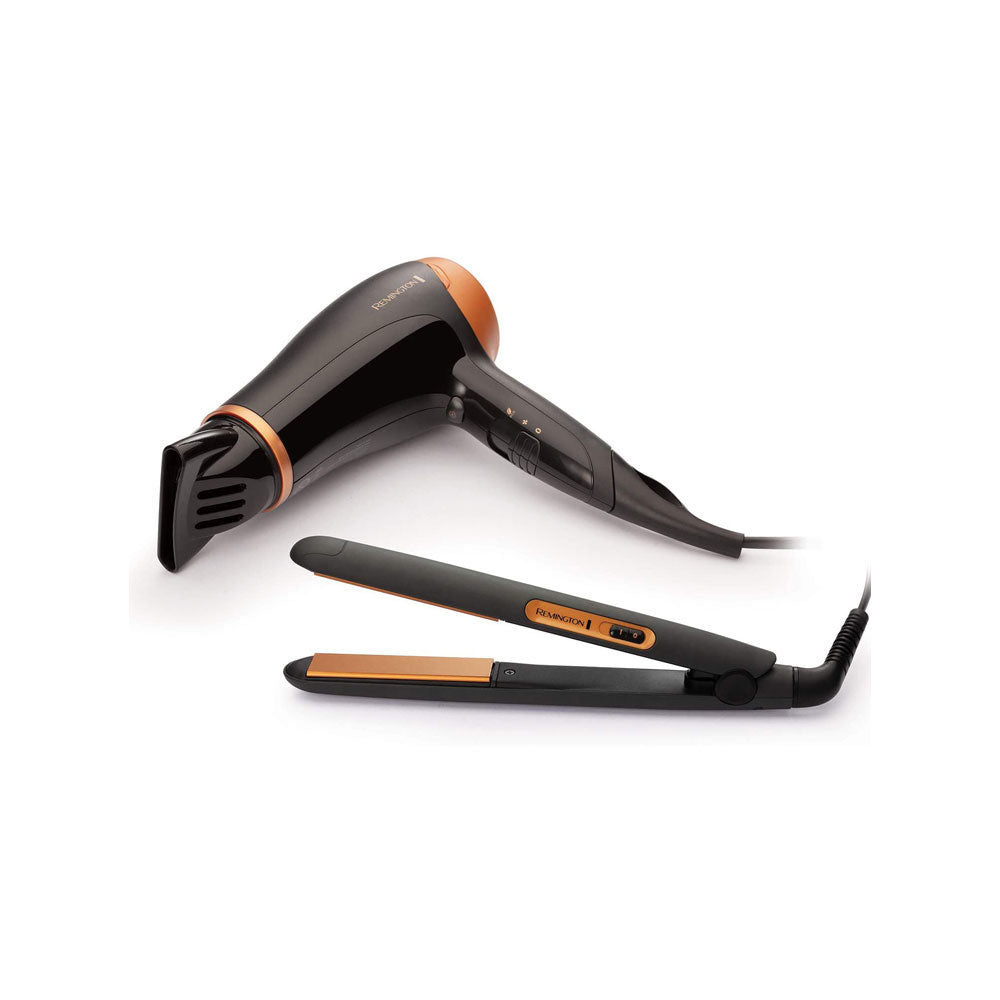 Remington Hair Care Gift Set Ceramic Hair Straighteners And 2000 W Ionic Hair Dryer with Concentrator - Black/Bronze Main image