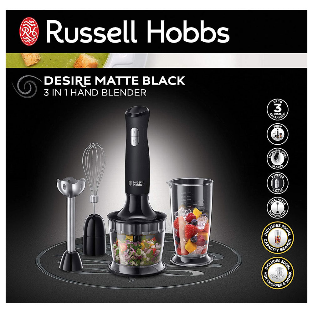 Russell Hobbs Desire 3 In 1 Hand Blender With Electric Whisk And Vegetable Chopper - Matt Black