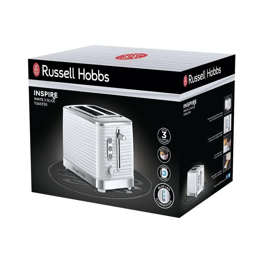 Russell Hobbs Inspire 2 Slice Toaster Premium High Gloss Textured Plastic 1050W - White