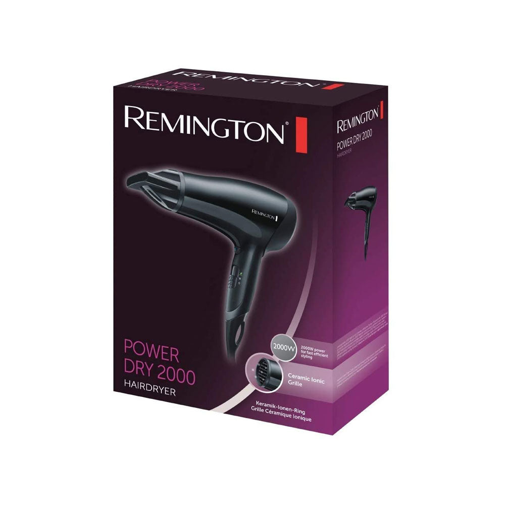 Remington Power Dry Hair Dryer 2000W Ceramic Ionic Grille - Black