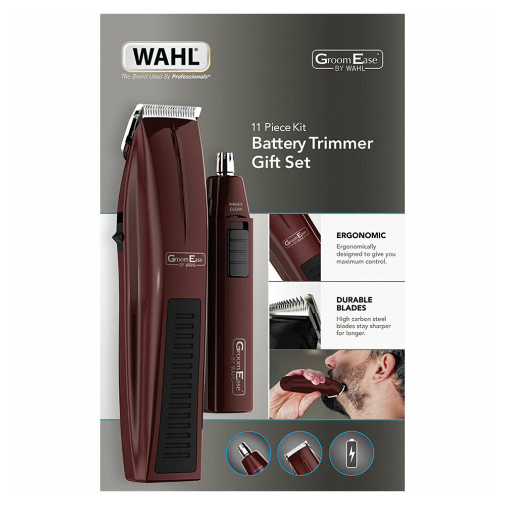 Wahl GroomEase Trimmer Shaver Gift Set Nose/Ear/Beard Hair Battery Power - Maroon