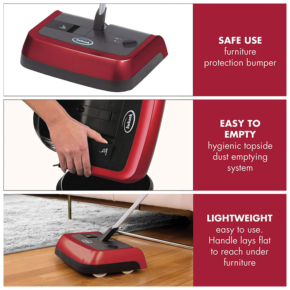 Ewbank Evolution Carpet Sweeper 3 Floor Cordless Sweep Manual Silent Hard - Red